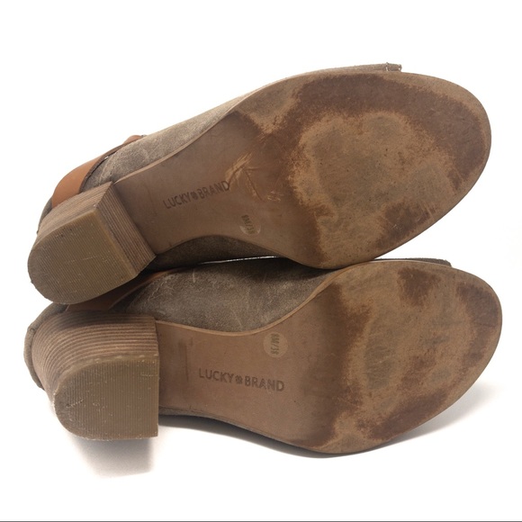Lucky Brand Haryson Peep Toe Suede Ankle Boots Taupe Brown Block Heel 8 - Picture 7 of 8